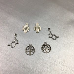 Lot of 6 silver tone pendants, cactus, trees, chem